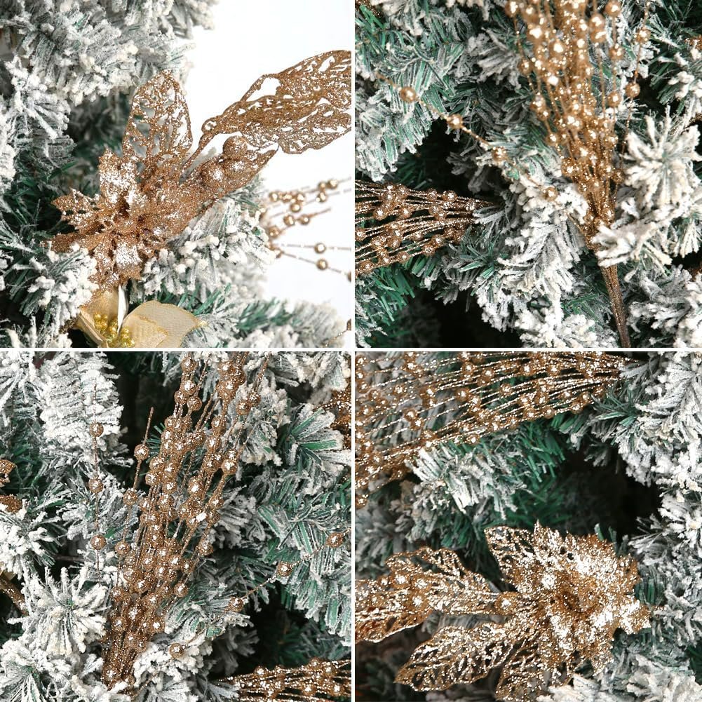 ROSELEAF 28 Pack Christmas Tree Ornaments Set, Champagne Artificial Glitter Berry Flowers Stem Branches Picks for Xmas Tree Decoration Gift Small Vase Home Holiday Wedding Party Decor - Image 4