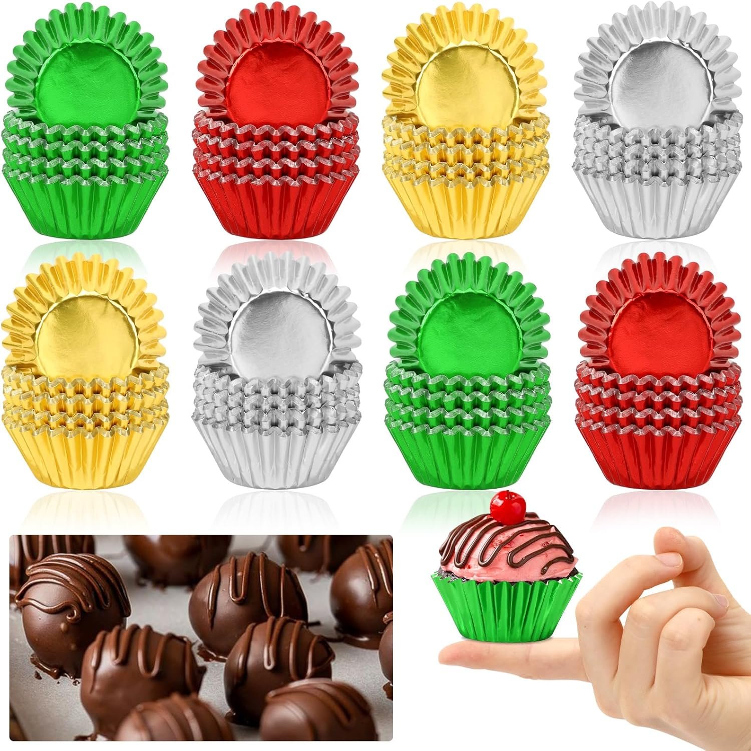 AUGSUN 400pcs Christmas Mini Foil Cupcake Liners Golden Red Green Silver Cupcake Baking Cups Metallic Mini Muffin Cupcake Wrappers for Xmas Holiday Party Cake Candy Chocolate Decorations Supplies - Image 2
