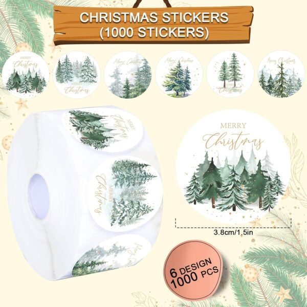 Whaline 1000Pcs Merry Christmas Stickers Roll Watercolor Forest Decals Green Xmas Tree Adhesive Decorative Round Seal Stickers for Gift Greeting Card Party Supplies - Image 3