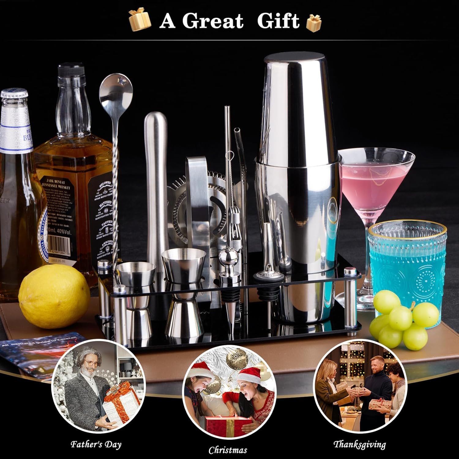 Cocktail Shaker Set Bartender Kit : 15-Piece Bar Tool Set with Acrylic Stand Bar Set with All Practical Bar Accessories, for Drink Mixing, Bar, Home, Lounge & Party, Silver - Image 8