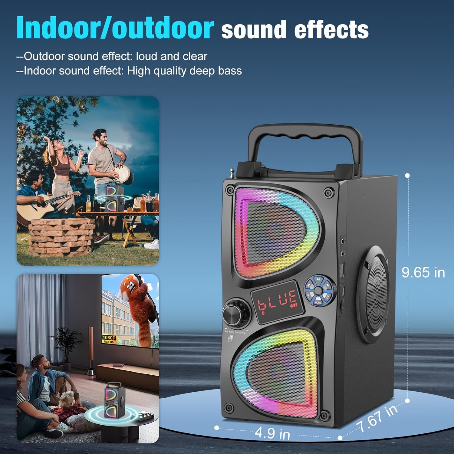 Bluetooth Speaker, 60W(Peak) Wireless Portable Small Home Party Speakers with Double Subwoofer Deep Bass, Microphone, FM Radio, Lights, Remote, 80dB Loud Stereo Sound Boombox for Outdoor Camping Gifts - Image 8