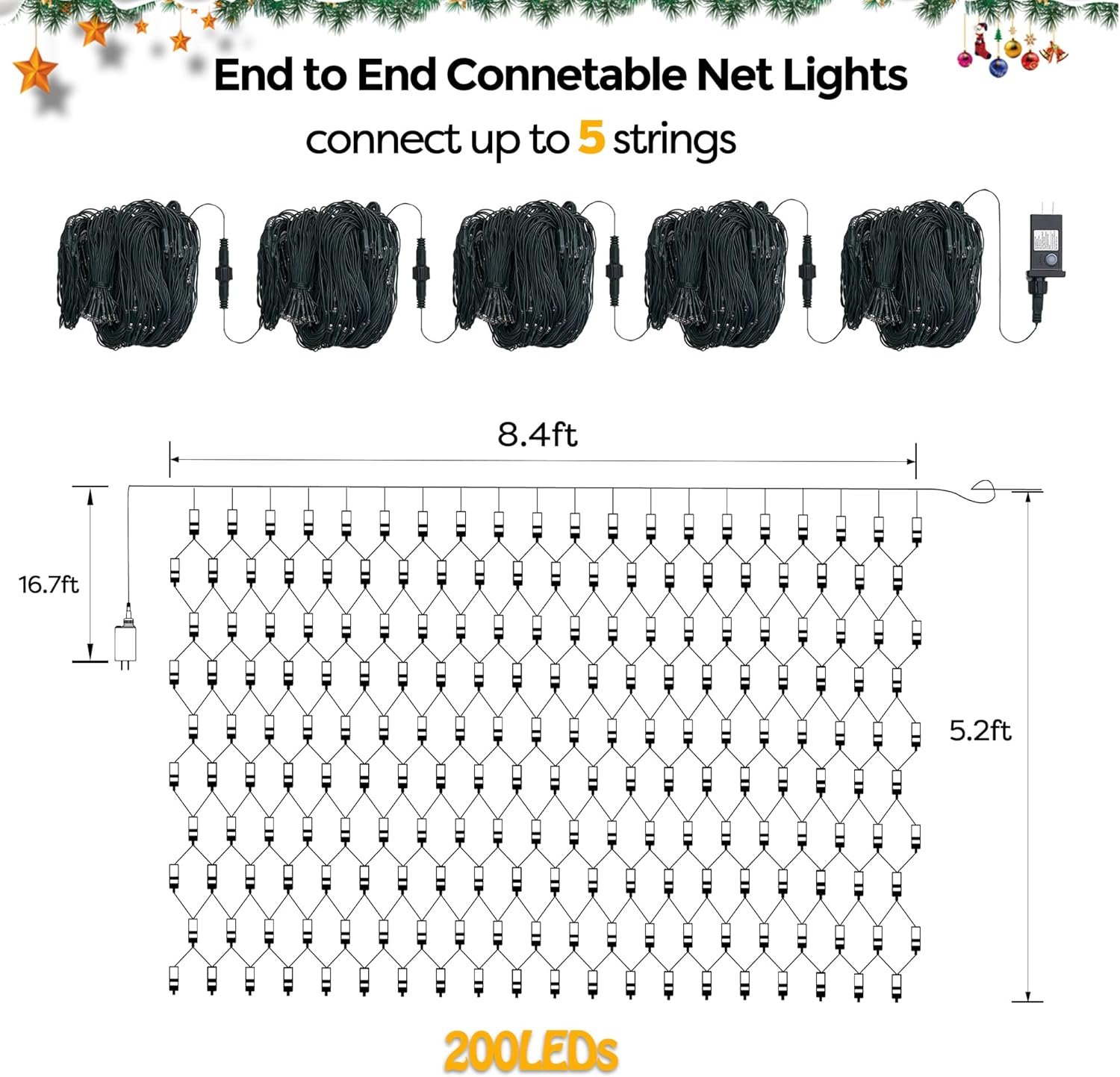 WBao Christmas Net Lights, 200LED 8.4ft x 5.2ft Christmas Lights with 8 Modes, Timer, End to End Connectable, Waterproof LED Net Lights for Lawn, Bushes, Tree Outdoor Christmas Decorations, Multicolor - Image 5
