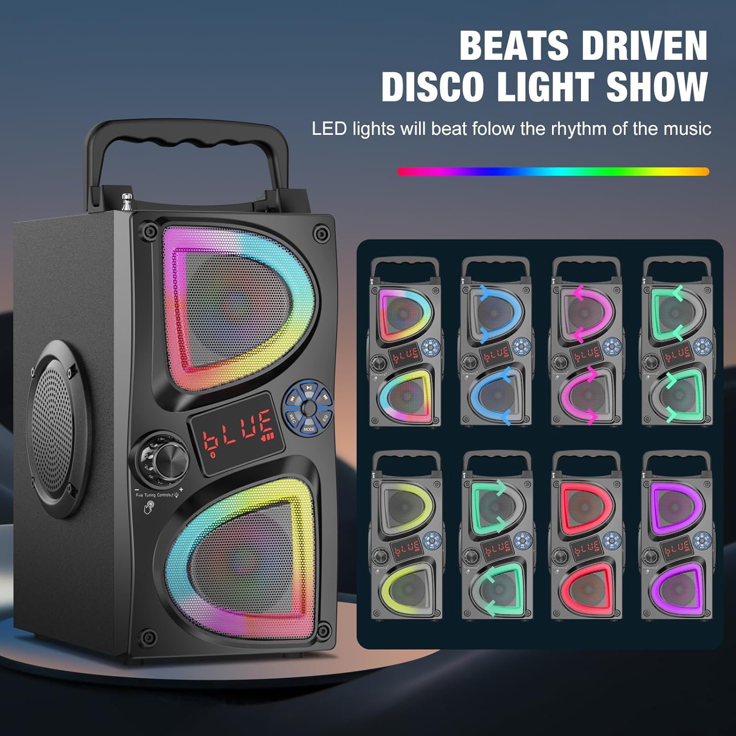 Bluetooth Speaker, 60W(Peak) Wireless Portable Small Home Party Speakers with Double Subwoofer Deep Bass, Microphone, FM Radio, Lights, Remote, 80dB Loud Stereo Sound Boombox for Outdoor Camping Gifts - Image 4