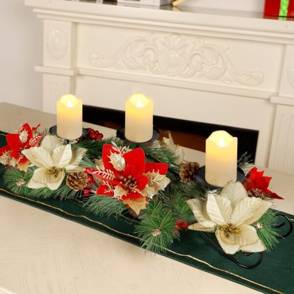 Joliyoou Christmas Tabletop Centerpieces, Metal Candle Holder with 3 Flameless Candles Lights, Poinsettia Adorned Candelabrum for Xmas Holiday Table Mantle Decoration, 17.5 x 9.8 x 4.7 Inch - Image 2