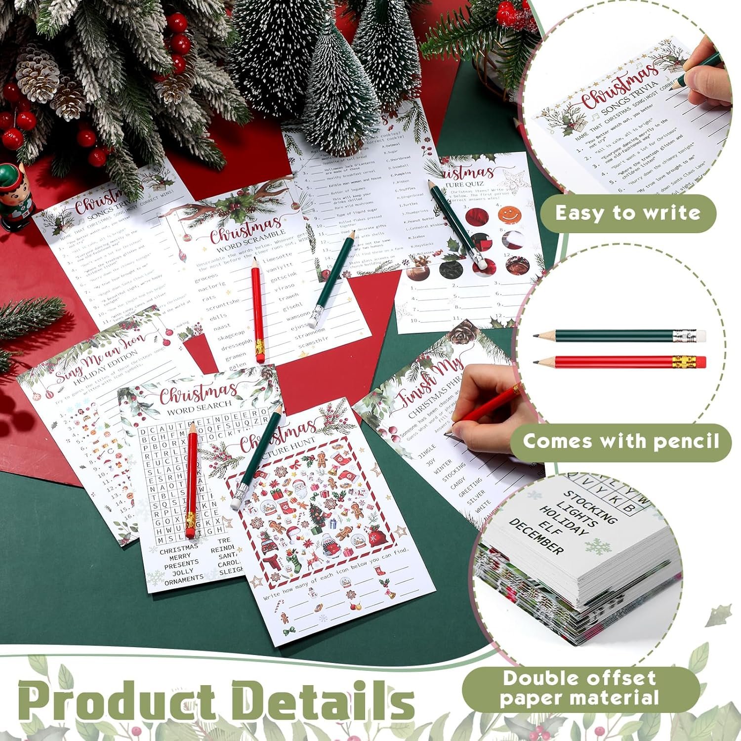 232 Pcs Christmas Trivia Party Games Set Include 207 Xmas Games Question Answer Paper Cards 25 Pencils for Christmas Festival Guessing Activity Party Supplies, 25 Players (Berry) - Image 6