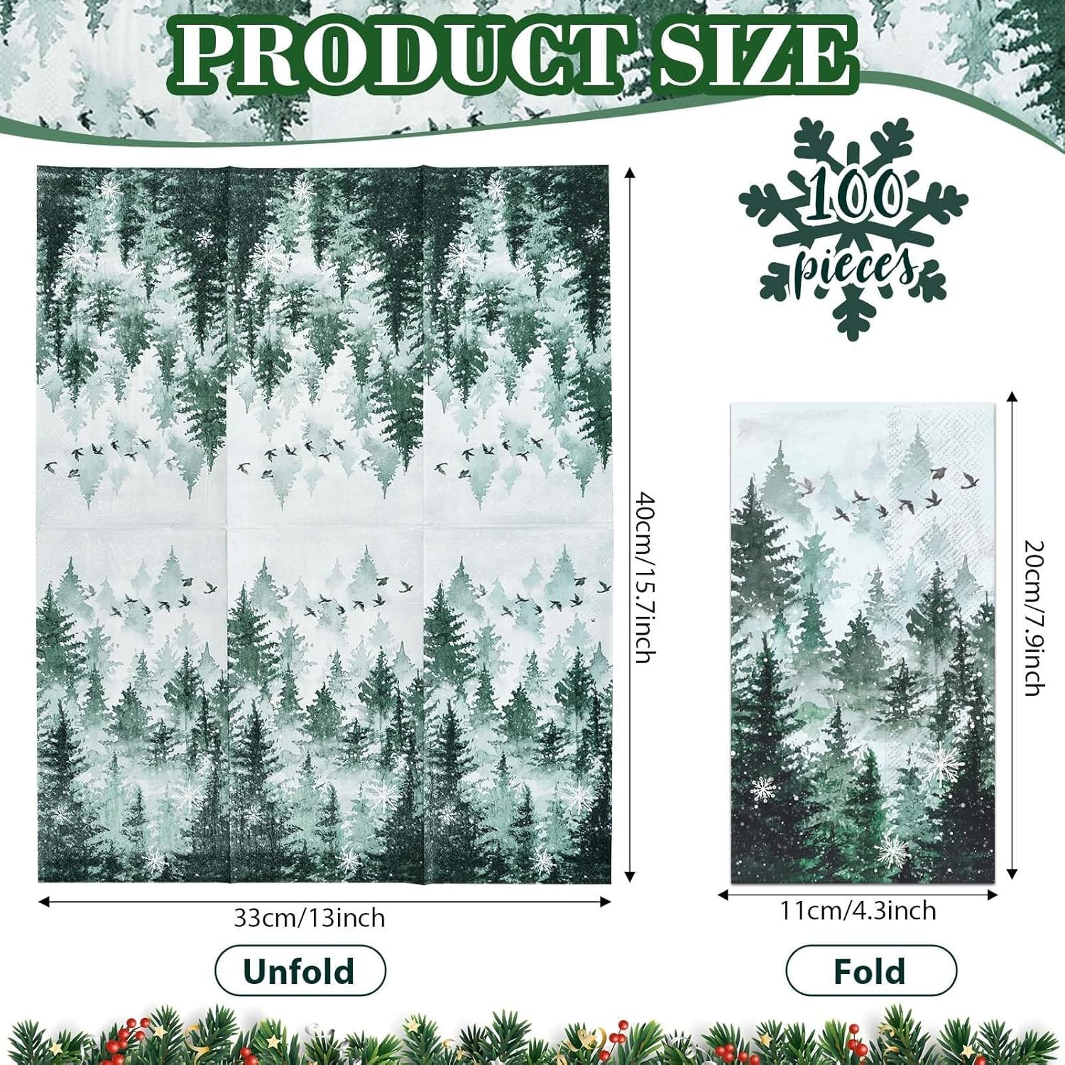 100 Pack Green Misty Forest Paper Napkins Christmas Woodland Theme Disposable Lunch Dinner Napkins Decorative Guest Napkins for Xmas Seasonal Winter Holiday Home Kitchen Party Supplies (Misty Forest) - Image 3