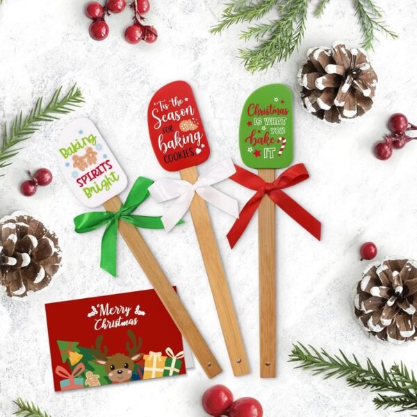 Set of 3 Christmas Silicone Spatulas w/Merry Christmas Greeting Card, Food Grade Heat Resistant Scraper Connect Bamboo Handle, Classic Gingerbread Man Candy Cane Reindeer Xmas Cooking Baking Gifts - Image 3