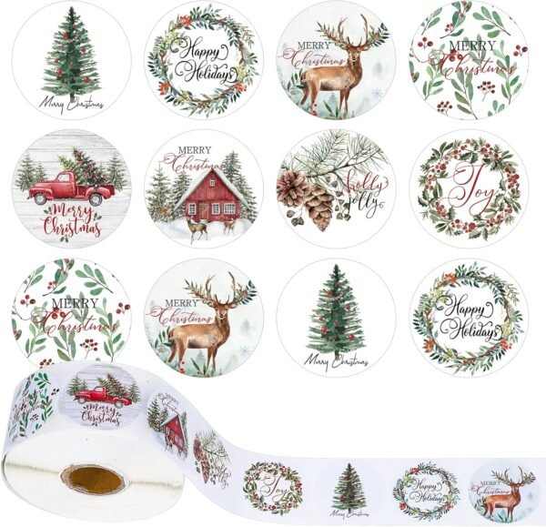 Whaline 1000Pcs Christmas Stickers 1.5Inch Assorted Plants Round Stickers in Roll Rustic Christmas Tree Wreath Elk Truck Patterns Label Stickers for Xmas Seals Cards Presents Envelopes, 8 Designs - Image 2