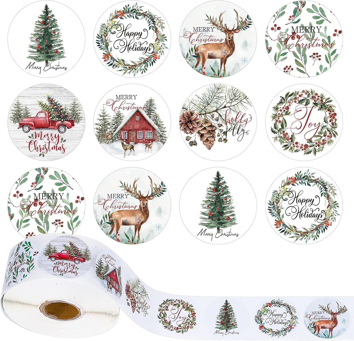 Whaline 1000Pcs Christmas Stickers 1.5Inch Assorted Plants Round Stickers in Roll Rustic Christmas Tree Wreath Elk Truck Patterns Label Stickers for Xmas Seals Cards Presents Envelopes, 8 Designs - Image 2