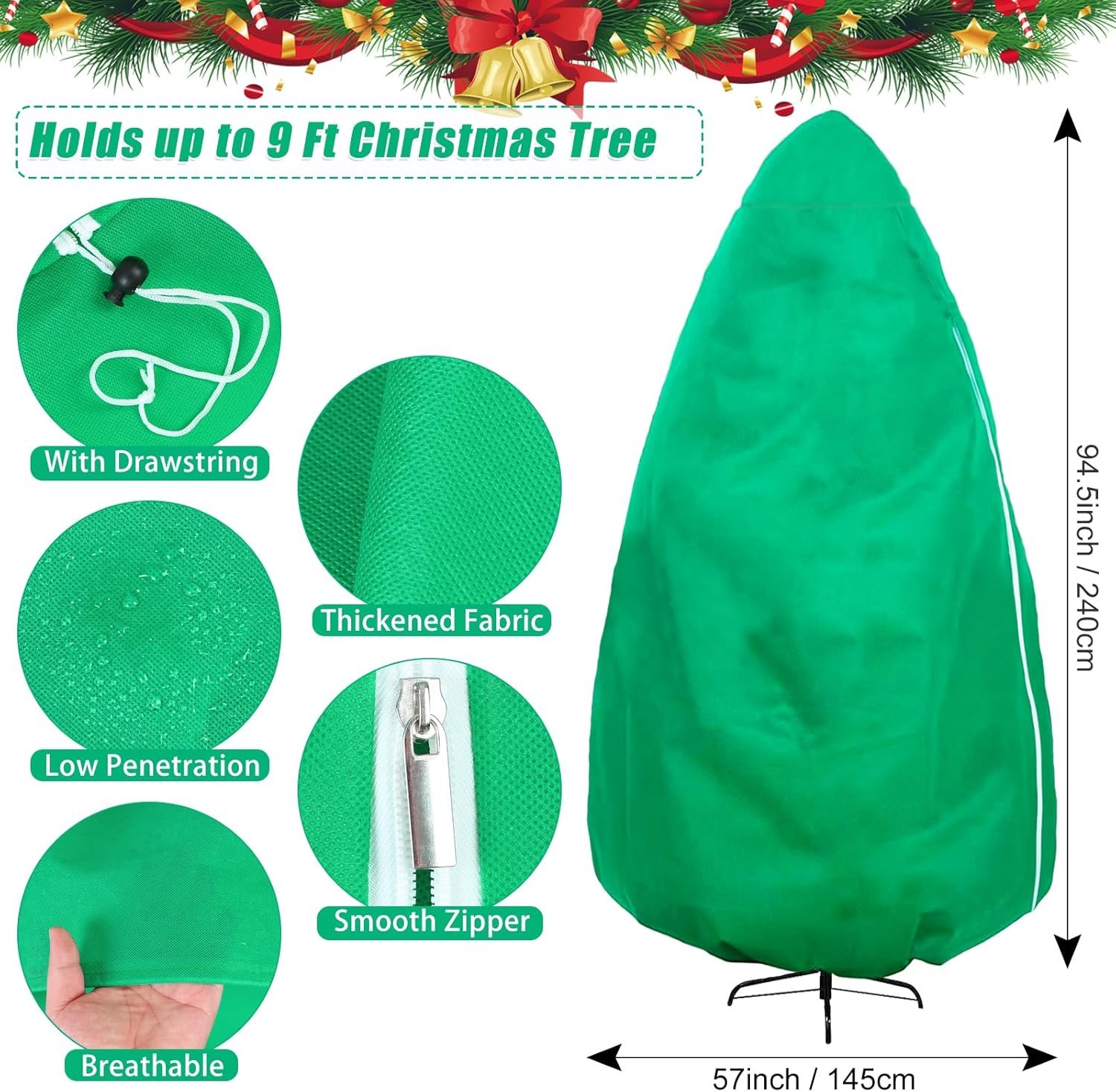 Upright Christmas Tree Storage Bag, Christmas Tree Cover for Up to 9FT x 6FT Standing Artificial Xmas Tree with Ornaments, Large Holiday Assembled Christmas Tree Bag with Zipper and Drawstring(Green) - Image 3