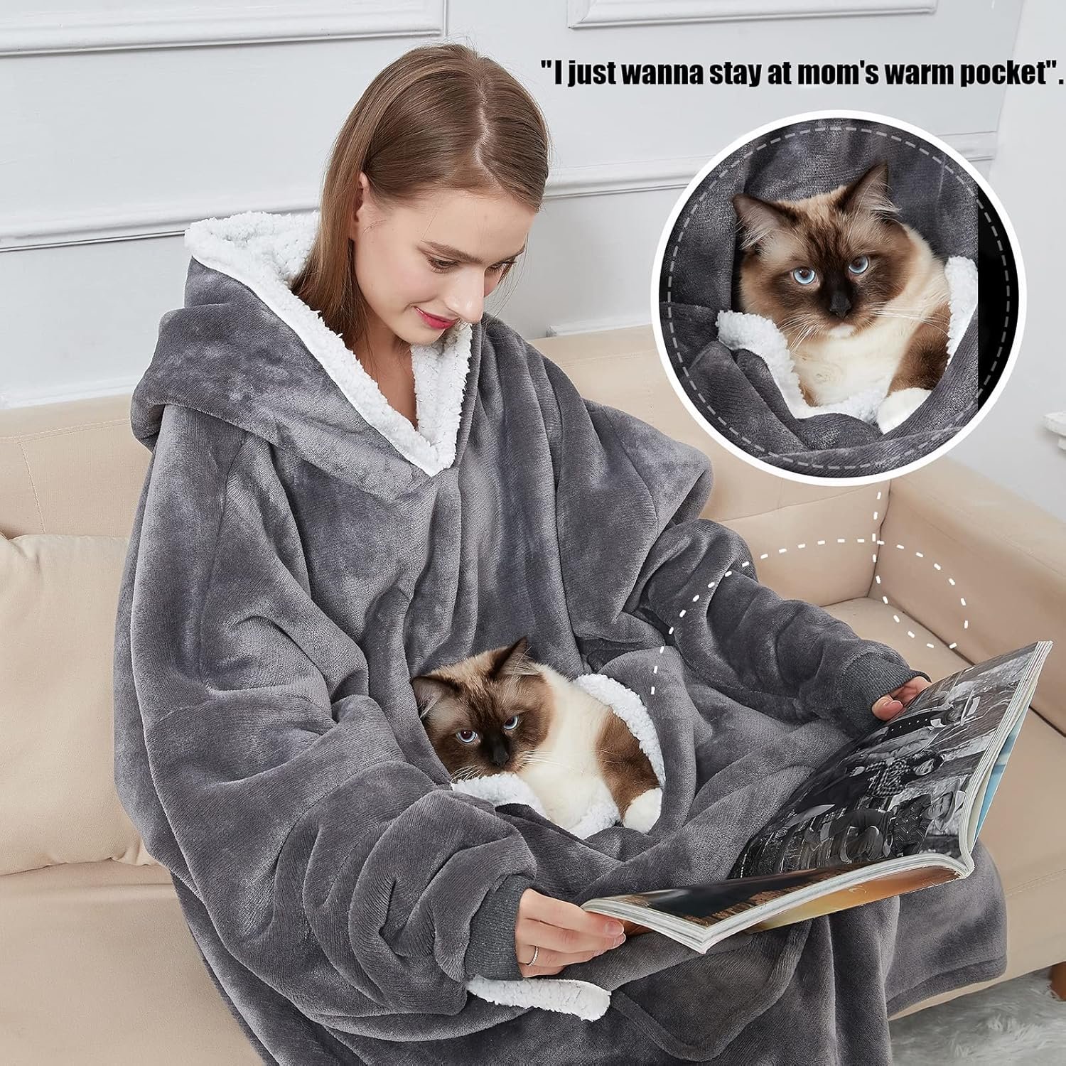 Wearable Blanket Hoodie with Giant Pocket (Pet Won't Leave) Extra Soft Sherpa Fleece Thick Warm & Cozy Oversized Sweatshirt Blanket Jacket with Sleeves Gifts for Adult Men Women - Grey - Image 3