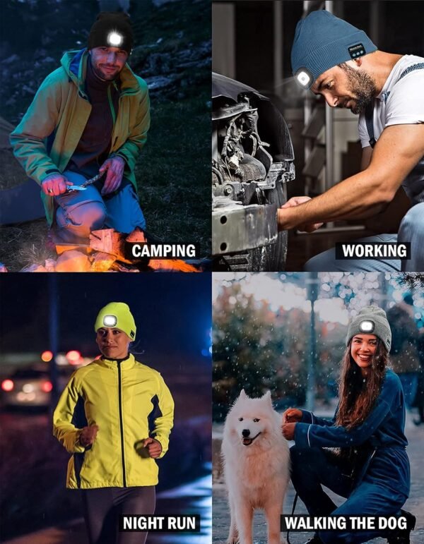 Wmcaps Bluetooth Beanie with a Light, Unisex USB Rechargeable 4 LED Fashlight Hat with Cordless Headphones, Unique Christmas Birthday Gifts for Men Him Husband Teen Black - Image 6
