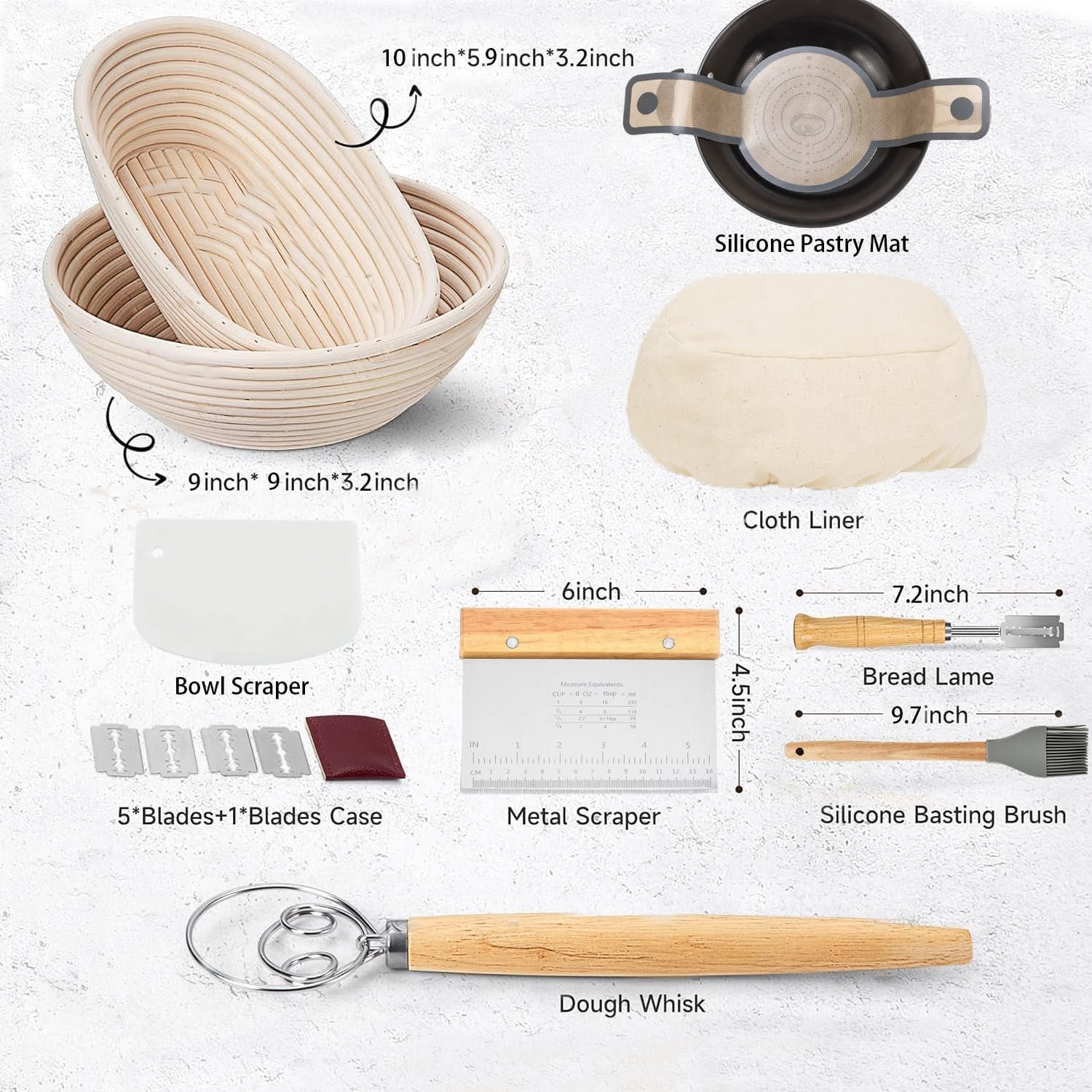Banneton Bread Proofing Basket Set, 9 Inch Round &10 Inch Oval Sourdough Bread Baking Supplies with Linen Liner, Bread Lame, Silicone Bread Sling,Bowl Scraper,Bread Making Tools,Dough Scraper Kit - Image 7