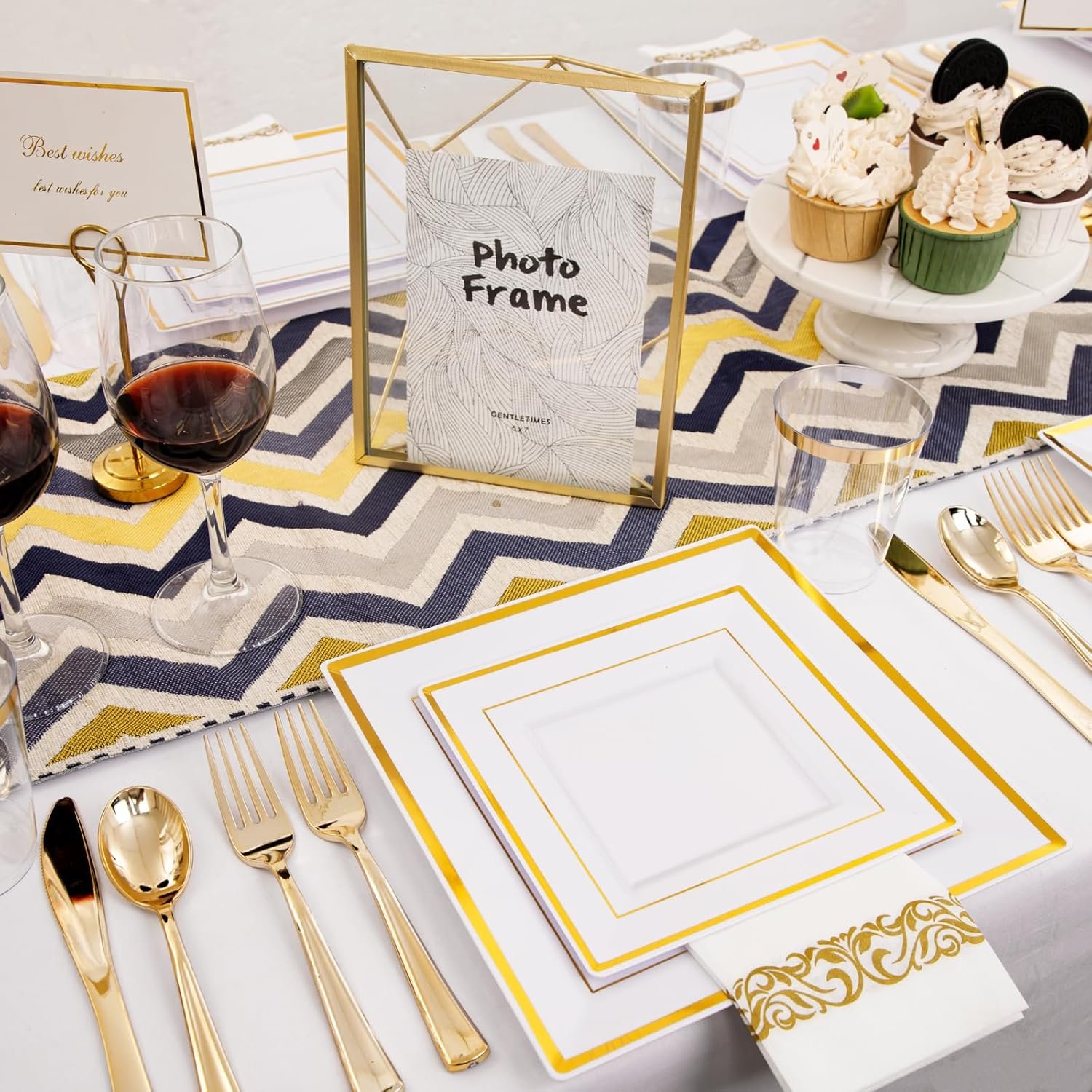 I00000 150PCS Gold plastic dinnerware set,White Gold Square Plates, Disposable Square Gold Plates Includes 25 Dinner Plates 25Dessert Plates 25Cups 25Plastic Cutlery for Christmas Party - Image 7