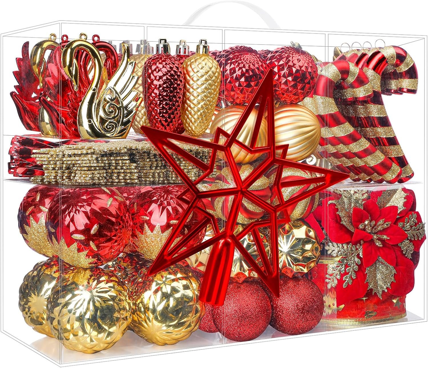 128pcs Christmas Balls Ornaments Set, Shatterproof Plastic Baubles Christmas Flowers, Ribbon and Tree Topper for Xmas Tree Holiday Wedding Party Decorations with Hanging Strings, Red and Gold - Image 5