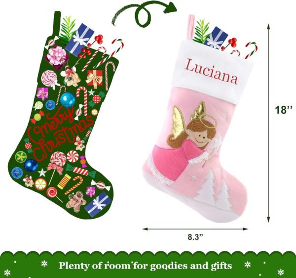 WEWILL 18'' Personalized Christmas Stockings Pink Angel with Embroidery Technology Xmas Holiday Gifts for Family Kids - Image 4