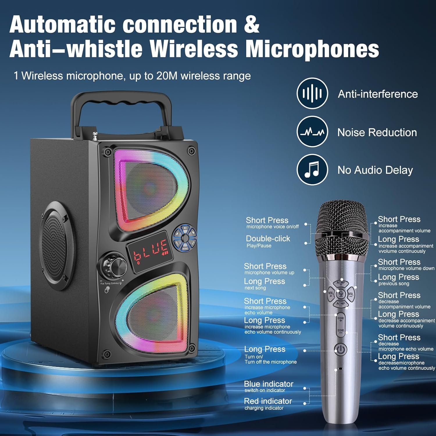 Bluetooth Speaker, 60W(Peak) Wireless Portable Small Home Party Speakers with Double Subwoofer Deep Bass, Microphone, FM Radio, Lights, Remote, 80dB Loud Stereo Sound Boombox for Outdoor Camping Gifts - Image 5