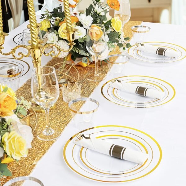 WELLIFE 350Pcs Gold Plastic Plates Set for 50 Guests - Disposable Plates for Party and Wedding,Party Supplies including Party Plates and Cups and Napkins Sets,White and Gold Plastic Plates - Image 4