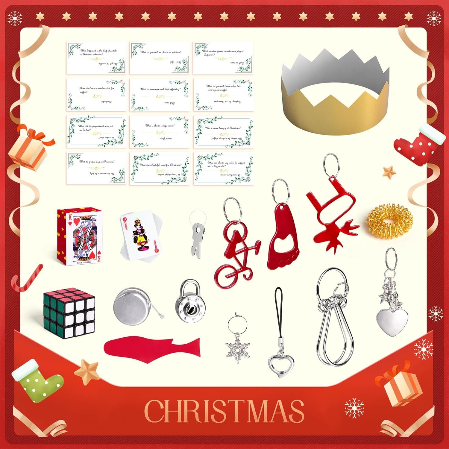 Christmas Crackers, 12 Pack Valentines No Snap Party Favors with Party Hat, Joke & Little Gift Inside for Christmas Thanksgiving Seasonal Holiday Dinner Traditions (Red and Green) - Image 3