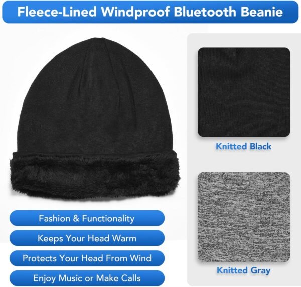 2 Pack (1 Bluetooth Beanie + 1 Beanie) Double-Layer Wool Lining Bluetooth Beanie Hat, Unique Tech Gifts for Men/Women/Teens/Family Christmas Thanksgiving - Image 4