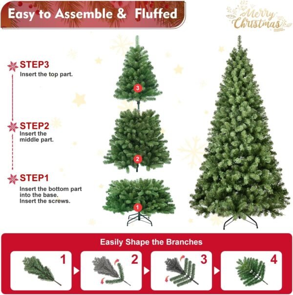 8FT Prelit Christmas Tree, Premium Artificial Christmas Tree with 500 Lights and 1460 Branch Tips, Memory Wire Pre Lit Hinged Xmas Tree with Metal Base for Holiday, Party, Home Decoration - Image 8