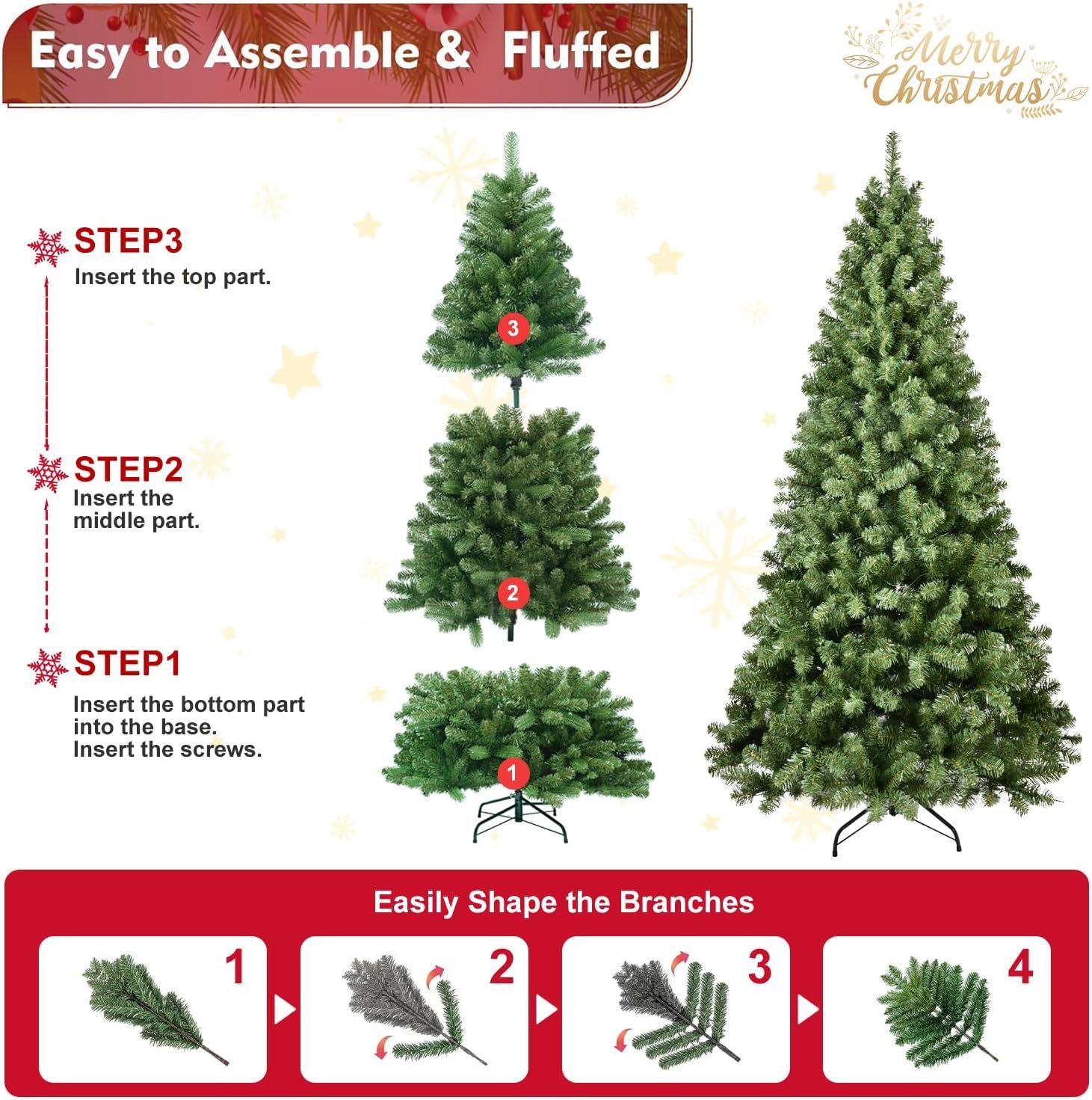 8FT Prelit Christmas Tree, Premium Artificial Christmas Tree with 500 Lights and 1460 Branch Tips, Memory Wire Pre Lit Hinged Xmas Tree with Metal Base for Holiday, Party, Home Decoration - Image 8