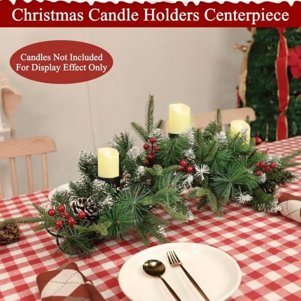 30 Inch Pre-lit Artificial Christmas Candle Holder Centerpiece with 3 Candle Holders Snowy Pine Cones Red Berries, Realistic-Feel Tips Christmas Table Accent Centerpiece for Festival Home Decoration - Image 5