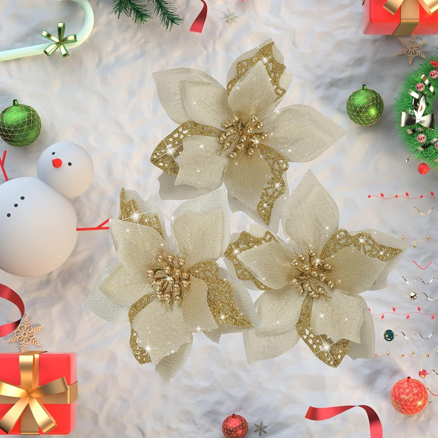 12 PCS Poinsettia Flower Artificial Poinsettia Christmas Decoration 5.9'' Gold Glitter Poinsettias Christmas Ornaments Christmas Tree Flower Decor with Clips DIY Xmas Wreath Holiday Home Party Decor - Image 8