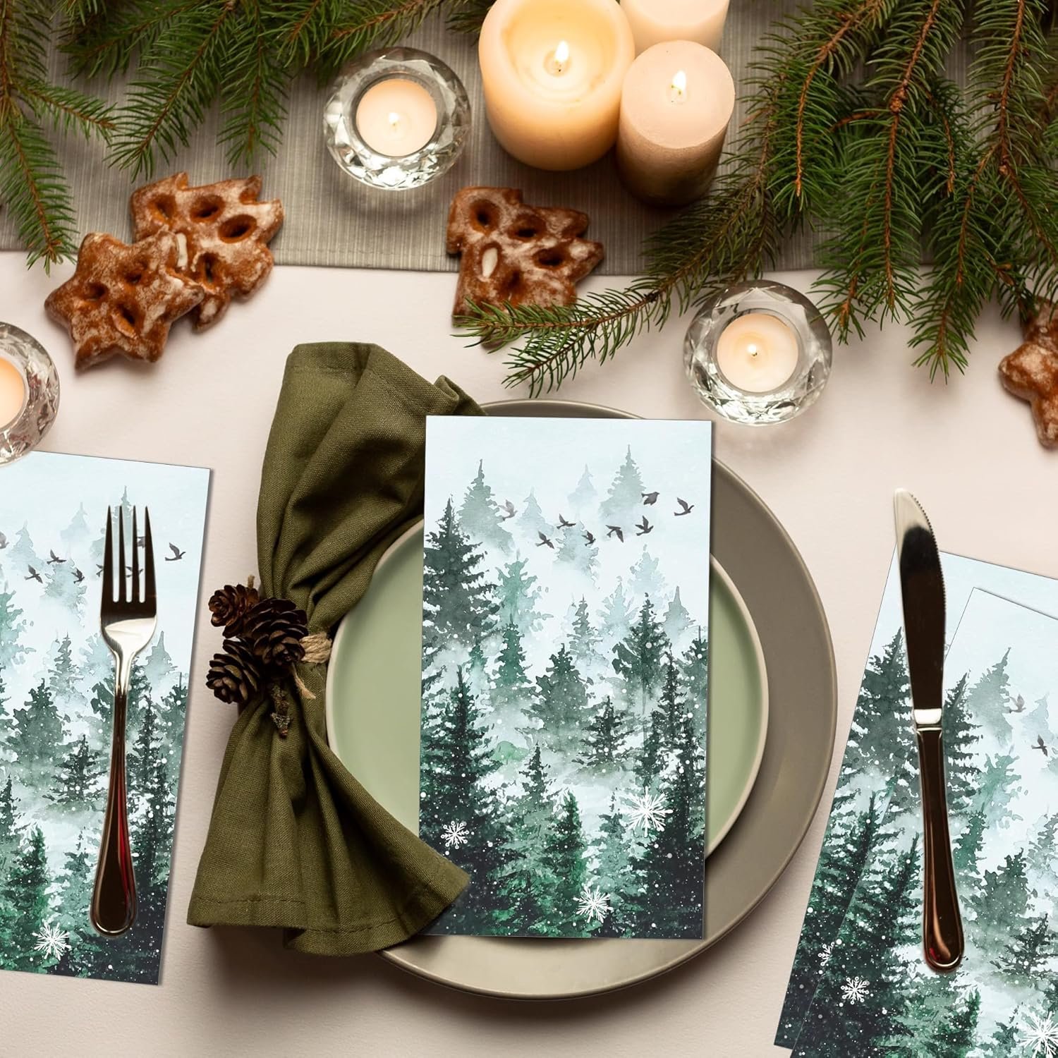100 Pack Green Misty Forest Paper Napkins Christmas Woodland Theme Disposable Lunch Dinner Napkins Decorative Guest Napkins for Xmas Seasonal Winter Holiday Home Kitchen Party Supplies (Misty Forest) - Image 8