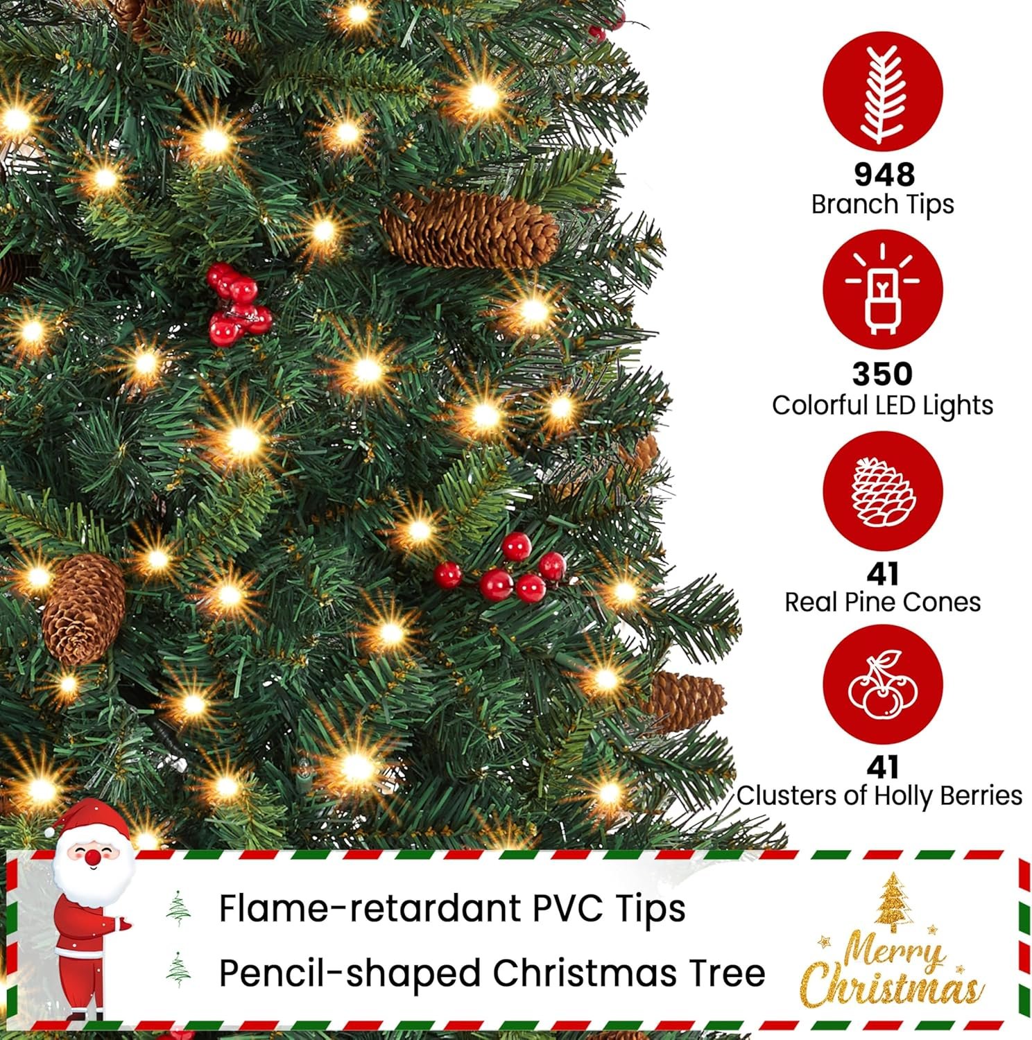 Yaheetech 7.5ft Pre-lit Pencil Spruce Christmas Tree, Artificial Slim Xmas Fir, Pre-Decorated for Home, Office, Party, Holiday Decor W/ 948 Tips, 350 Lights, Pine Cones, Metal Hinges & Base, Green - Image 5