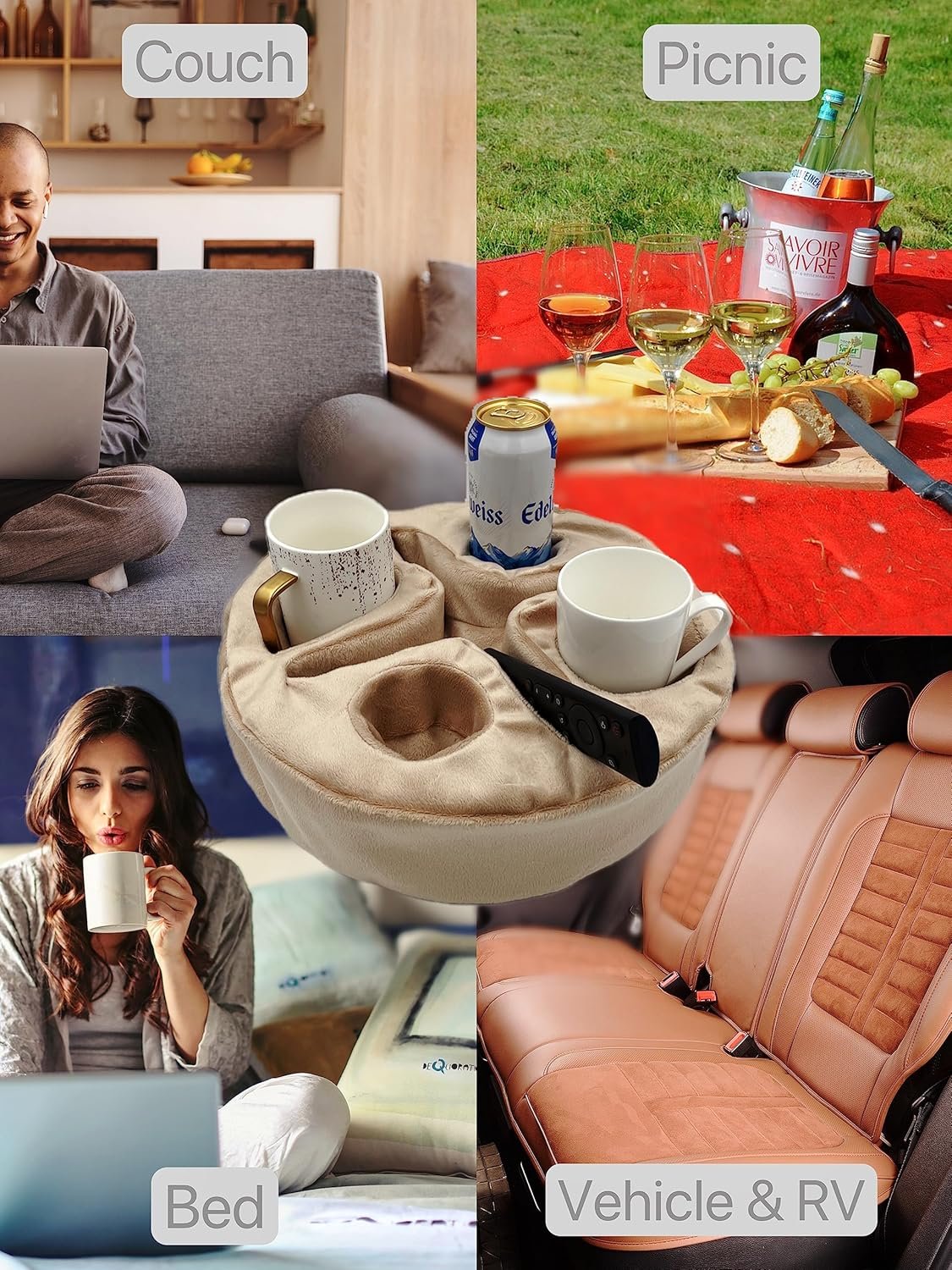 Couch and Bed Cup Holder Pillow, Sofa Organizer Caddy for Drinks, Remotes, Phones, Snacks (Beige) - Image 5