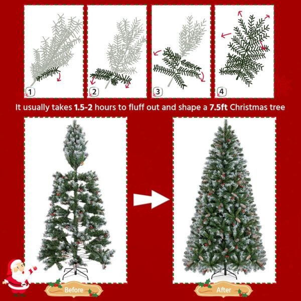 Yaheetech 7.5ft Pre-lit Frosted Artificial Hinged Christmas Tree with 1398 Flocked PVC Tips,88 Pine Cones,88 Holly Berries & 500 Warm White Lights,Foldable Stand,Green - Image 7