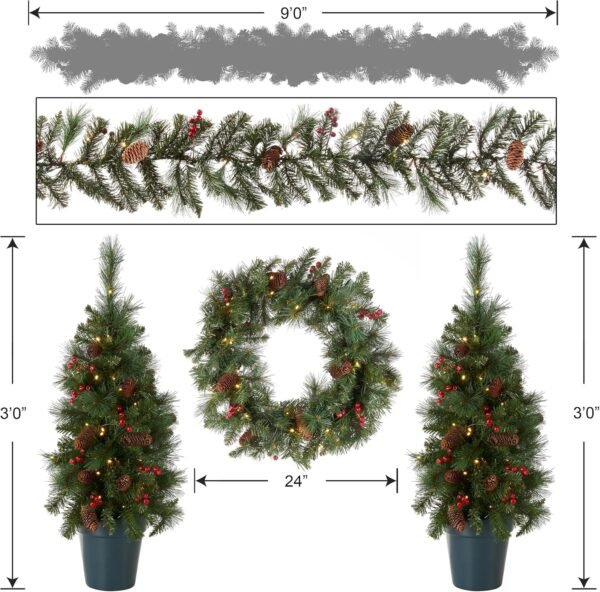 National Tree Company National Pre-lit White LED Lights Holiday Christmas 4-Piece Set | Garland, Wreath and Set of 2 Entrance Trees, No Size, Green - Image 6
