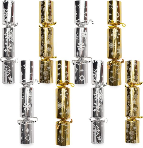 JOYIN 8 Pack Christmas No Snap No Popping Party Table Favor with Gold & Silver Snowflake Design, with Party Hat, Joke & Little Gift Inside, for Xmas Gift, Christmas Seasonal Holiday Dinner - Image 9