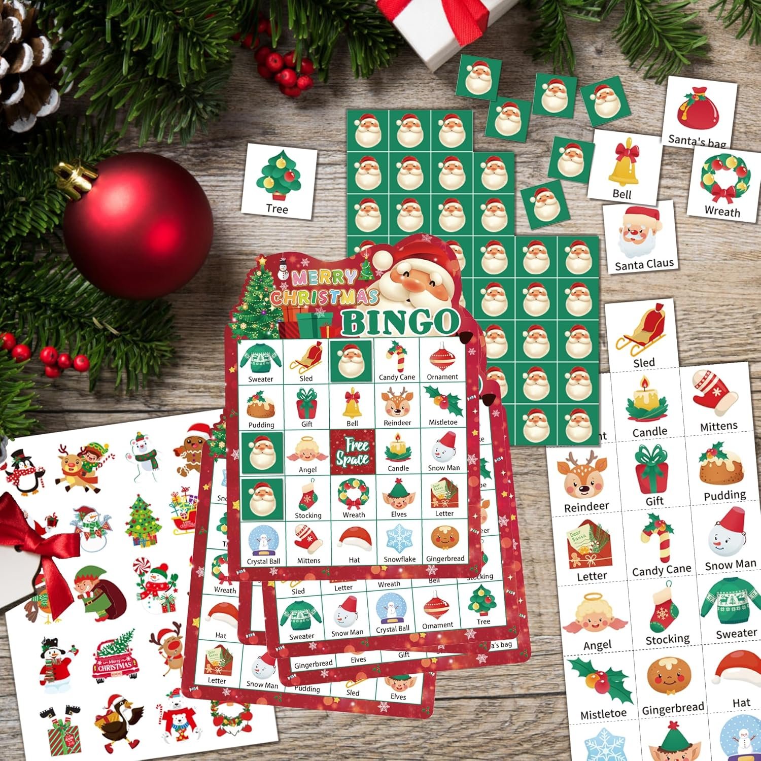 YOYOJOY 39 PCS Christmas Bingo Game for Kids Adults, 24 Players Christmas Bingo Cards, Xmas Party Games for Family Classroom with Reward Stickers - Image 7