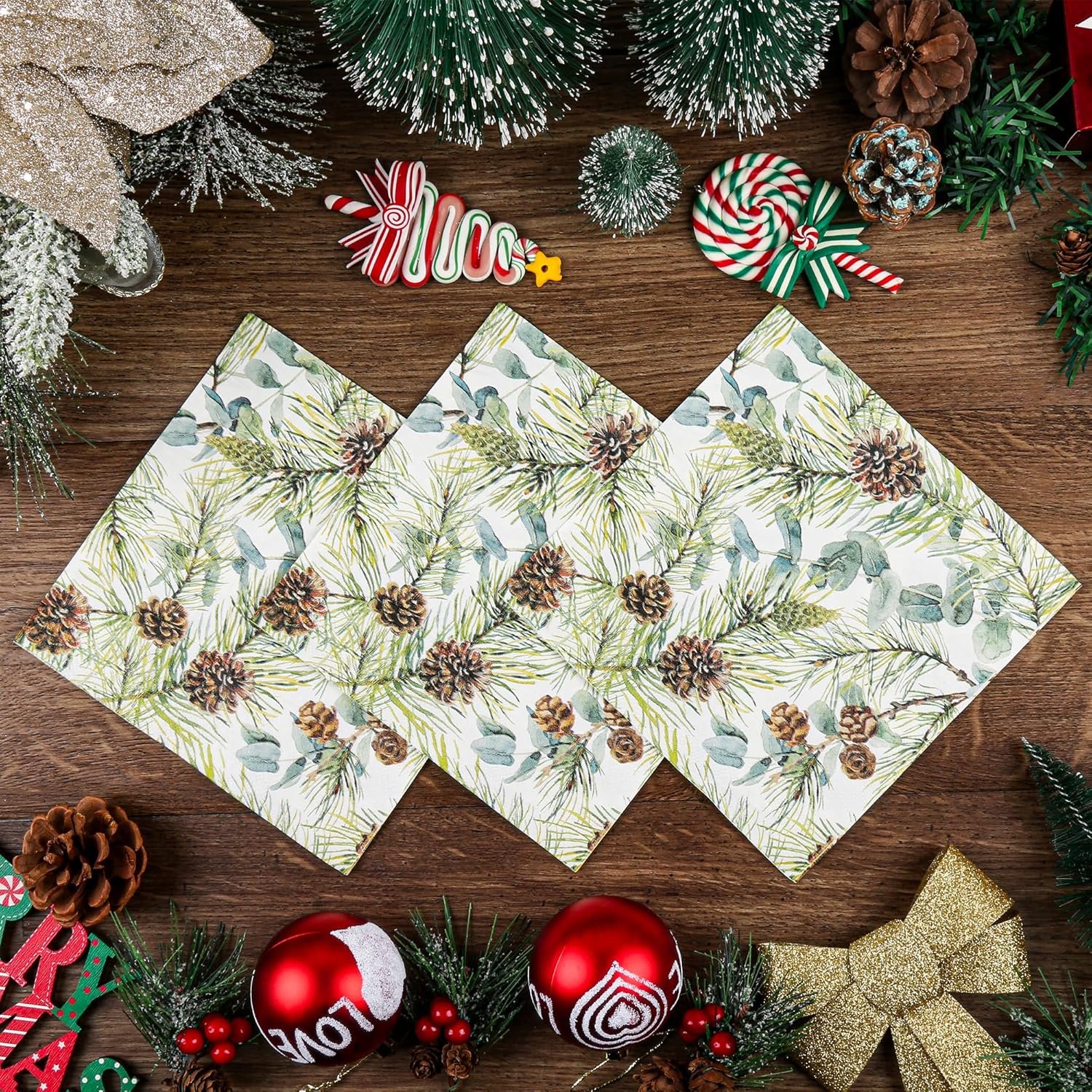 100 Christmas Party Napkins Winter Pine Branches Cones and Eucalyptus Disposable Paper Napkins Watercolor Greenery Branches Holiday Dinner Hand Towel for Party Supplies Table Decor - Image 8