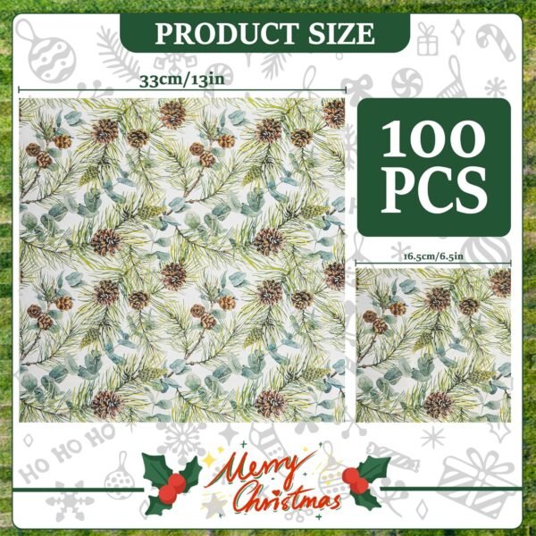 100 Christmas Party Napkins Winter Pine Branches Cones and Eucalyptus Disposable Paper Napkins Watercolor Greenery Branches Holiday Dinner Hand Towel for Party Supplies Table Decor - Image 3