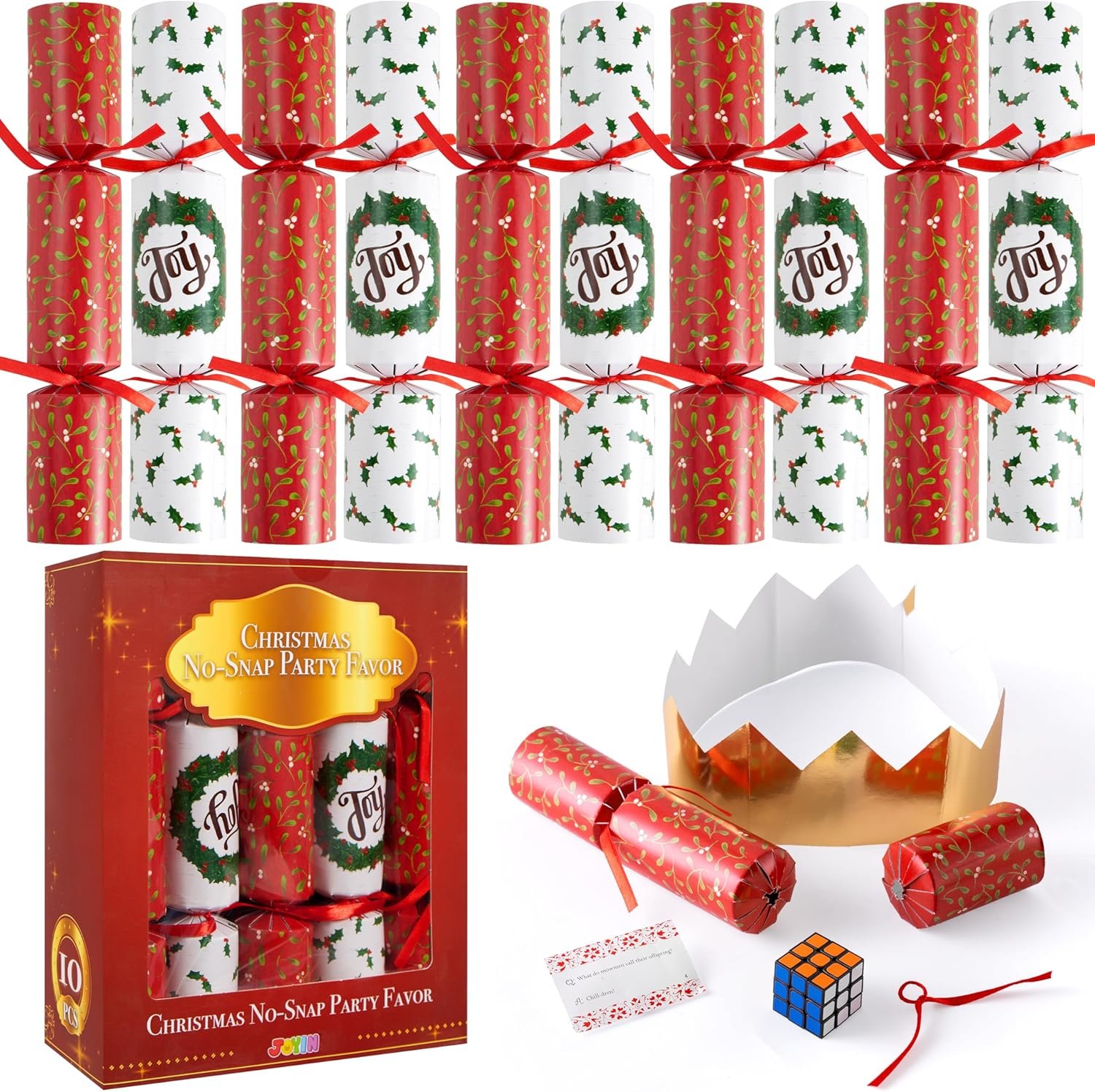 JOYIN 10 Pack Christmas No Snap Party Table Favor with Classic Christmas Design, with Party Hat, Joke & Little Gift Inside, for Xmas Gift, Christmas Seasonal Holiday Dinner Traditions - Image 2