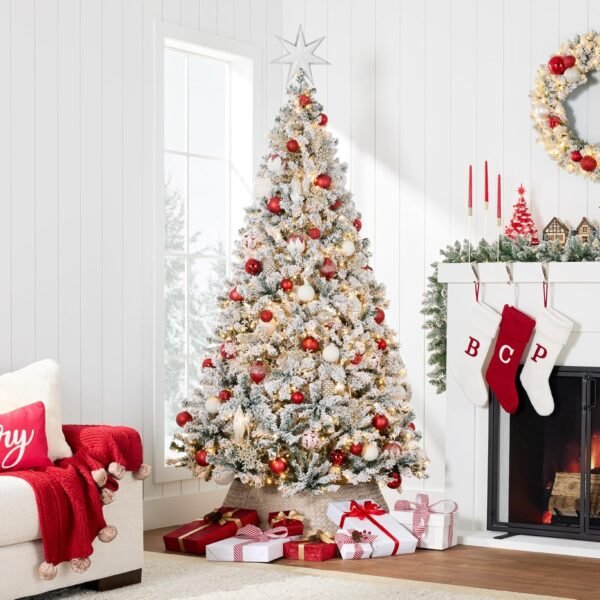 Best Choice Products Pre-Lit Artificial Christmas Tree, 6ft Snow Flocked Design Pine Tree, Full Appearance Snowy w/Easy Assembly, Metal Stand - Image 3