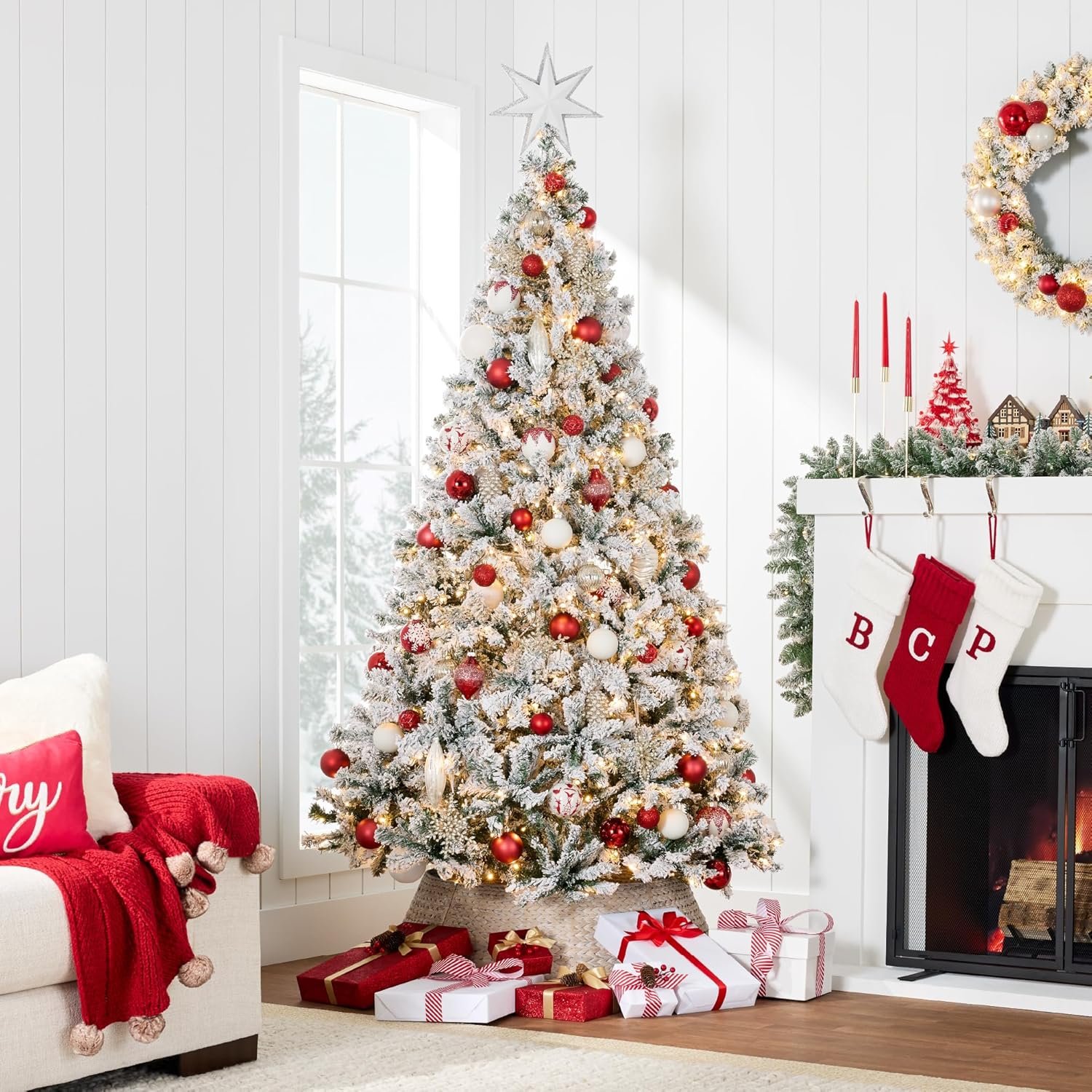 Best Choice Products Pre-Lit Artificial Christmas Tree, 6ft Snow Flocked Design Pine Tree, Full Appearance Snowy w/Easy Assembly, Metal Stand - Image 3