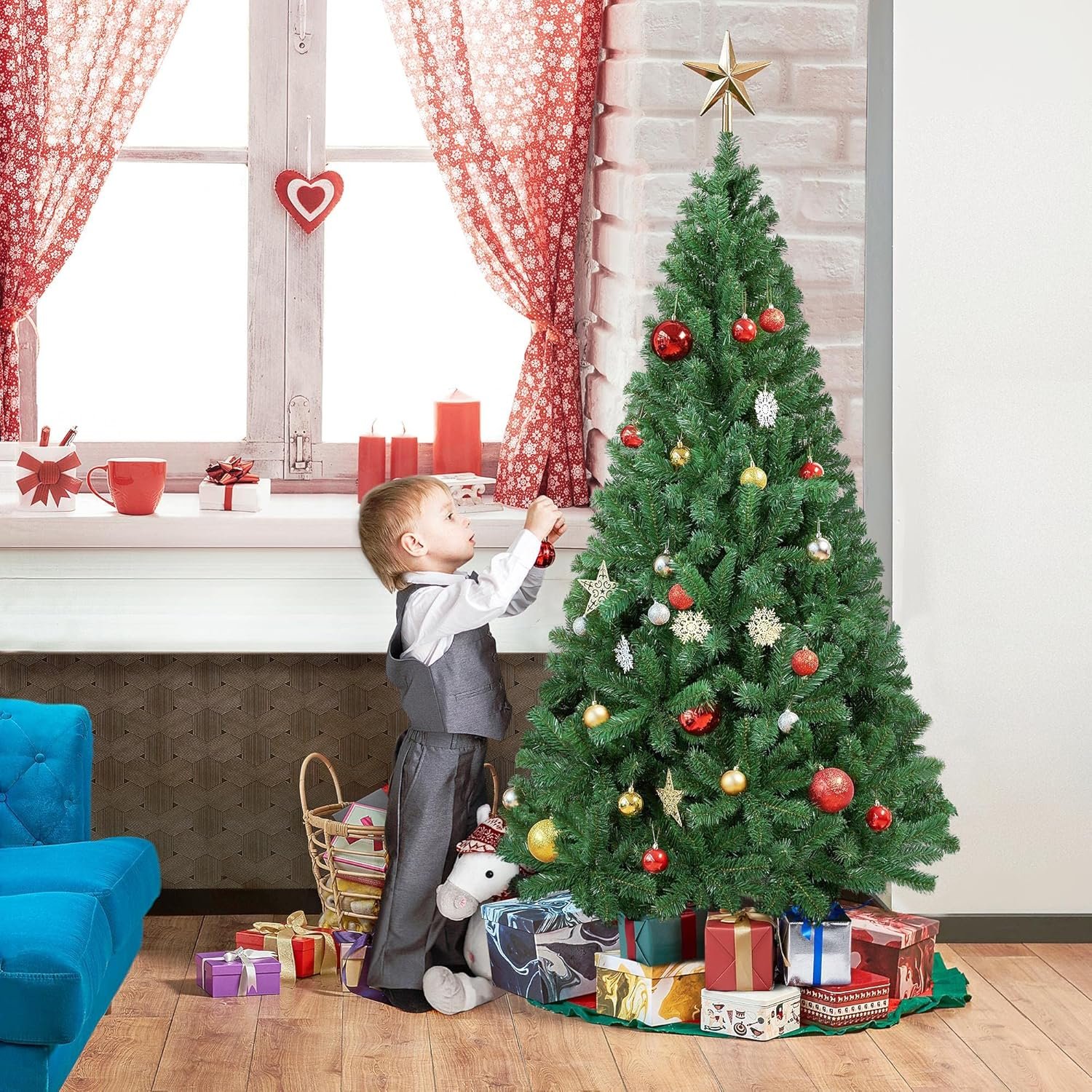 Yaheetech 6ft Artificial Full Spruce Christmas Tree, Artificial Xmas Tree with 714 PVC Branch Tips and Foldable Metal Stand for Home, Party, Office Decoration, Holiday Décor Indoor & Outdoor, Green - Image 4