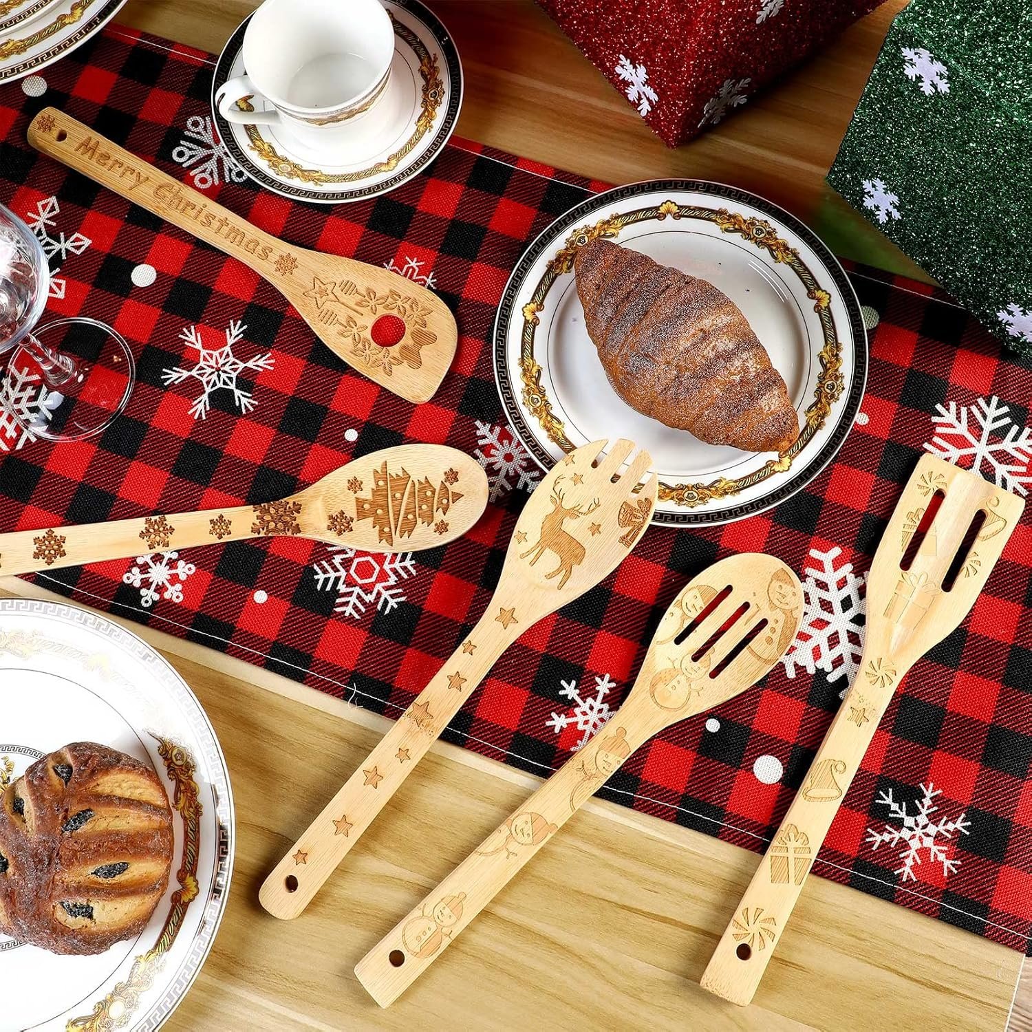 10 Piece Christmas Spatula Burned Spoons Wooden Christmas Kitchen Utensils Spoon Wood Slotted Decorated Wooden Spoons Spatula Christmas Cooking Utensils for Christmas Kitchen Decoration - Image 5
