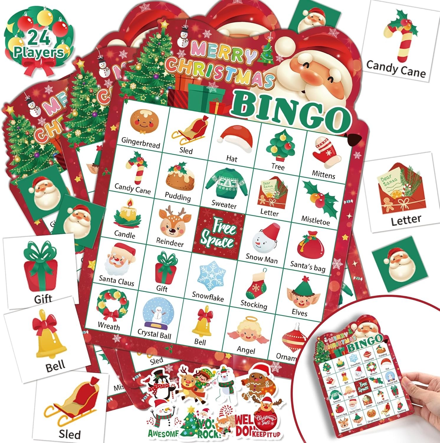 YOYOJOY 39 PCS Christmas Bingo Game for Kids Adults, 24 Players Christmas Bingo Cards, Xmas Party Games for Family Classroom with Reward Stickers - Image 2