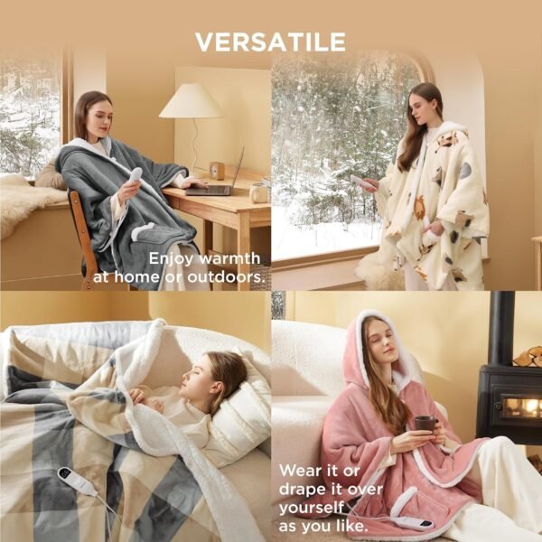 Bedsure Heated Blanket Wearable Shawl - Electric Wrap Poncho Blanket Hoodie for Adult, Winter Gifts for Mom Women Girlfriend Grandma, Warm Sherpa Heating Throw, Auto Shut Off, 50x64 inches, Grey - Image 7