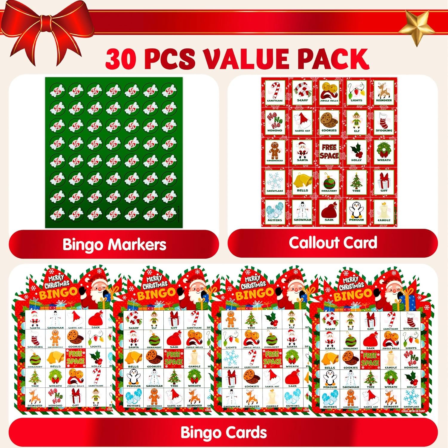 JOYIN 30 Players Christmas Bingo Cards, Xmas Bingo Game for Kids Family Activities, Holiday Winter Bingo Cards for Party Card Games, School Classroom Indoor Party Games - Image 3