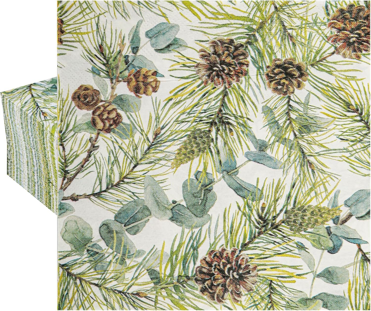 100 Christmas Party Napkins Winter Pine Branches Cones and Eucalyptus Disposable Paper Napkins Watercolor Greenery Branches Holiday Dinner Hand Towel for Party Supplies Table Decor - Image 9