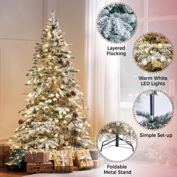 Yaheetech 6ft Pre-Lit Artificial Christmas Tree with 400 Warm White LED Lights & 940 PVC Tips,Hinged Snow Flocked Xmas Tree with Foldable Stand & Protective Foot Caps,Green & White - Image 5