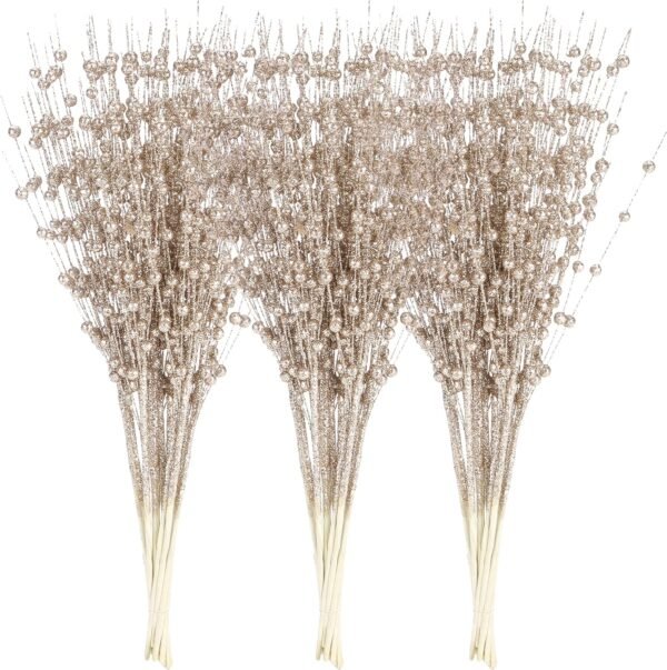 Sea Team 24-Pack Artificial Glitter Berry Stem Ornaments, Decorative Bead Sticks, Glittery Twigs, Picks, Branches for Christmas Tree, Small Vase, Holiday, Wedding, Party (17 Inches, Champagne) - Image 2