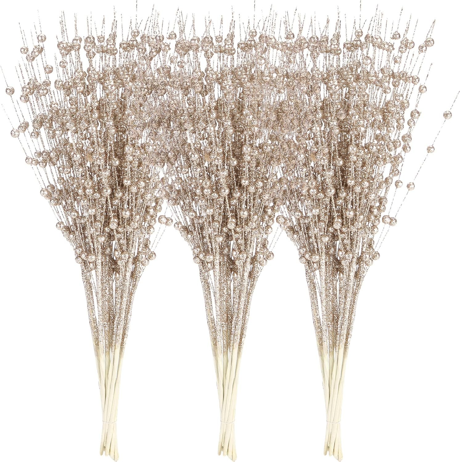Sea Team 24-Pack Artificial Glitter Berry Stem Ornaments, Decorative Bead Sticks, Glittery Twigs, Picks, Branches for Christmas Tree, Small Vase, Holiday, Wedding, Party (17 Inches, Champagne) - Image 2