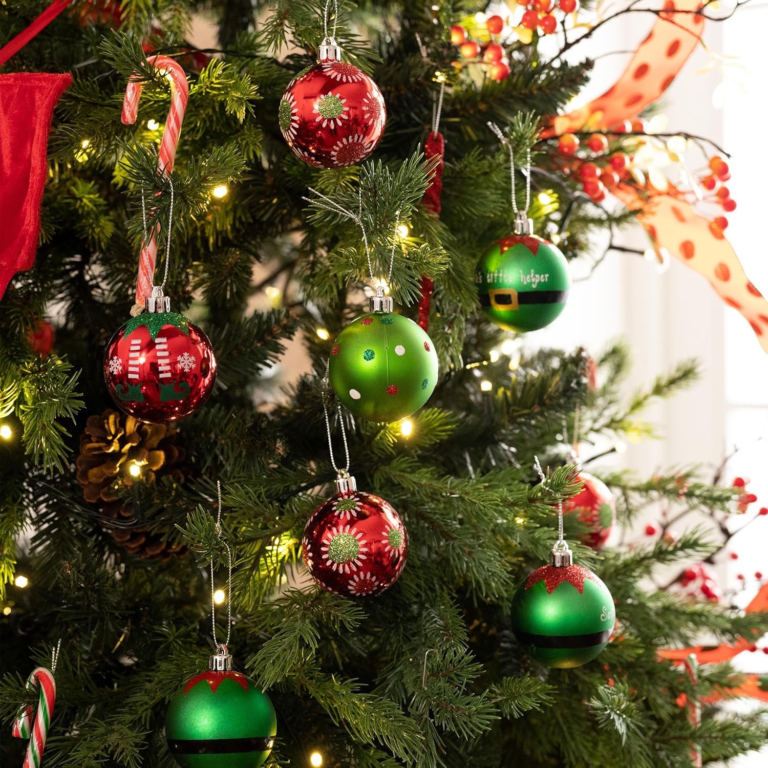 Valery Madelyn Christmas Ornaments Set, 24ct Elf Red Green White Shatterproof Christmas Tree Decorations Set, 2.36 Inch Decorative Hanging Ball Ornaments Bulk for Xmas Holiday Party Indoor Decor - Image 3